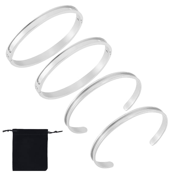 4Pcs 2 Styles Grooved Cuff Bangle 5.1cm Inner 201 Stainless Steel Hair Tie Cuff Bracelet Metal Blank Bracelet Empty Bangles Gemstone