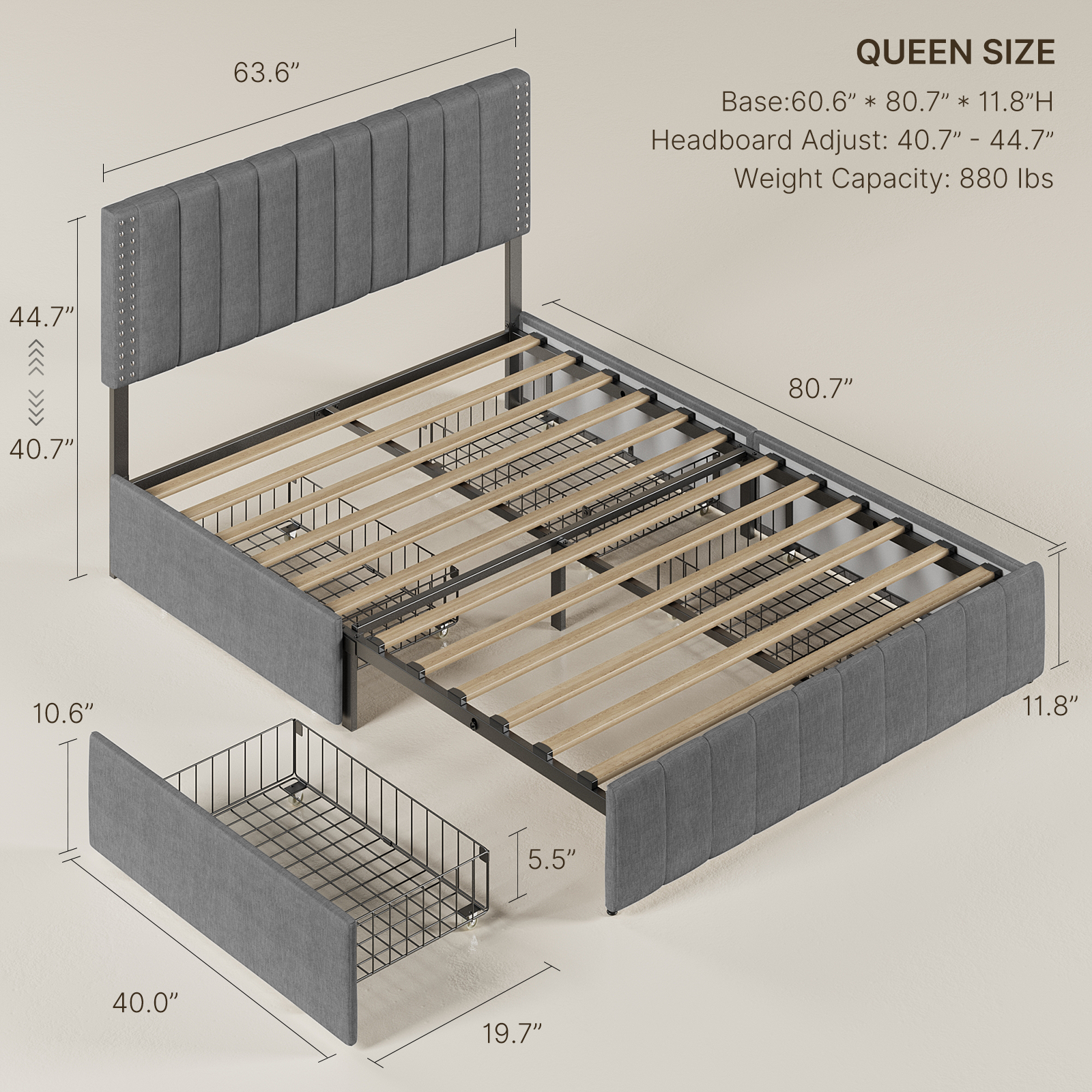 Bed Frame Queen with 4 Storage Drawers for Bedroom, Light Grey - image 3 of 10