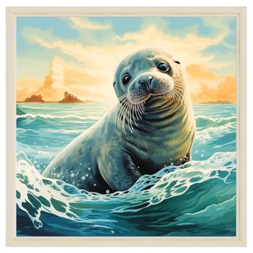 Cute Animal Seal in Sea Sunset 5D Diamond Art Painting by Number Kits for Adults DIY Paint with Full Drill Round Diamond Gems Painting Art Craft for Home Wall Decor 13.8x13.8inch