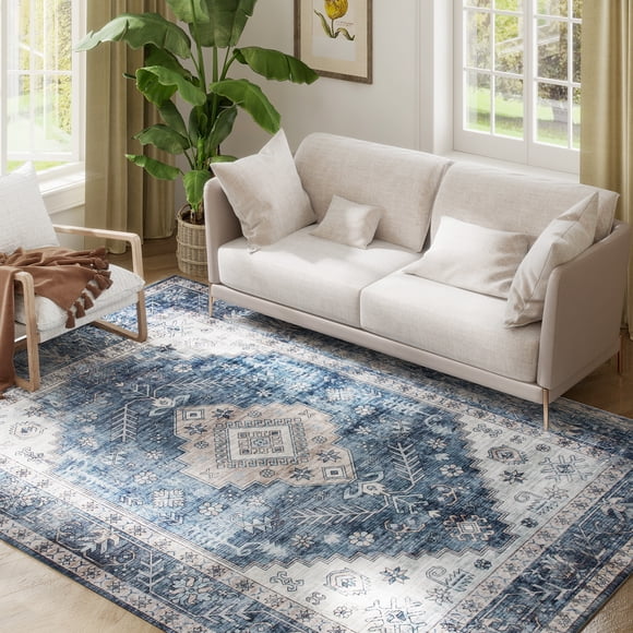 HOMCOM 6x9 Area Rug, Vintage Machine Washable Rug for Living Room, Blue