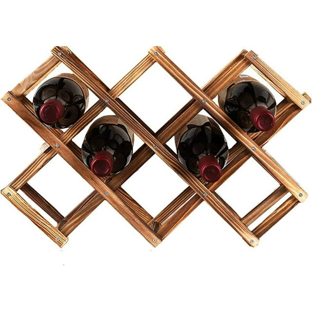 LAICAIW Wine Rack, Wood Wine Storage Racks Countertop, 10 Bottle Wooden Stackable Wine Cellar Racks, Foldable Tabletop Free Standing Wine Bottle Stand Holder Display Shelf for Home Kitchen Bar Cabine