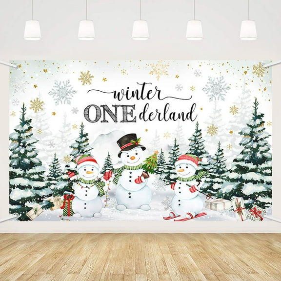 Woodland Winter Onederland Backdrop Winter Snowman First Birthday Party Decorations Pine Tree Snowflake 1st Birthday Photography Background 5.9x3.6ft