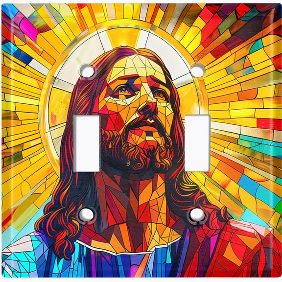 Metal Light Switch Wall Plate Outlet Cover (Printed Image of Stained Glass Jesus - Double Toggle)