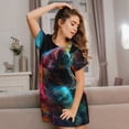 thumbnail image 3 of Fotbe Neon Spectrum Cat Portrait Bata de Dormir para Mujer con Estampado, Camisón de Algodón de Manga Corta, Ropa de Dormir Casual, 3 of 6