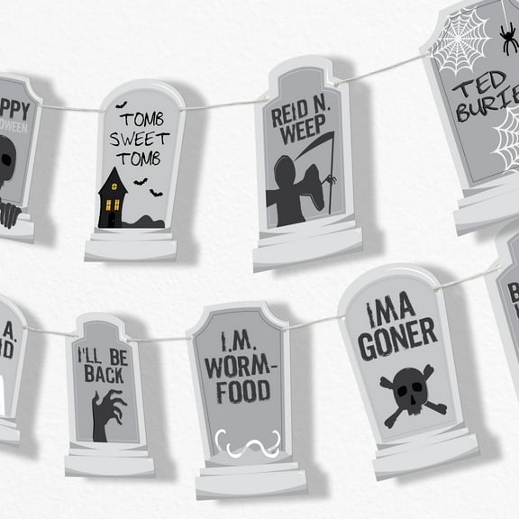 Big Dot of Happiness Graveyard Tombstones Garland Banner, Halloween Party Decor Backdrop, 30 Feet of Cord, 15 Paper Funny Burial Headstones Shapes