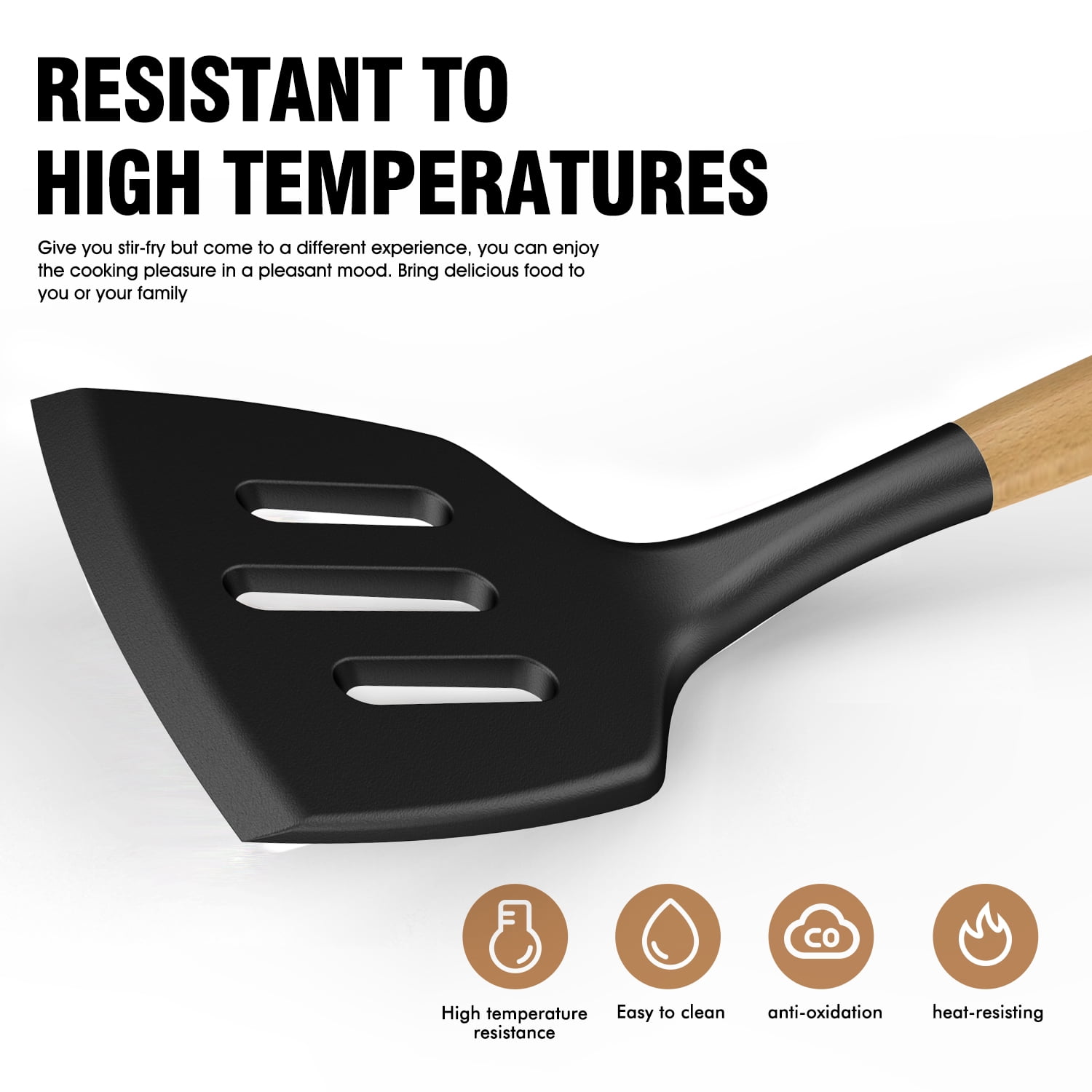 oannao Silicone Cooking Utensils Set - 446°F Heat Resistant Silicone Kitchen Utensils for Cooking,Kitchen Utensil Spatula Set w Wooden Handles,Holder, BPA FREE Gadgets for Non-Stick Cookware (Black)