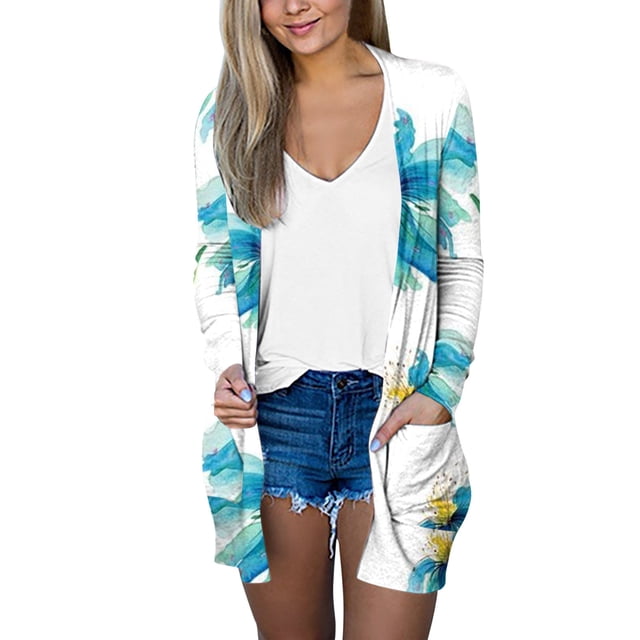 Moda mujer casual bolsillo manga larga impreso cubrir tops cárdigan Pompotops qwe21597