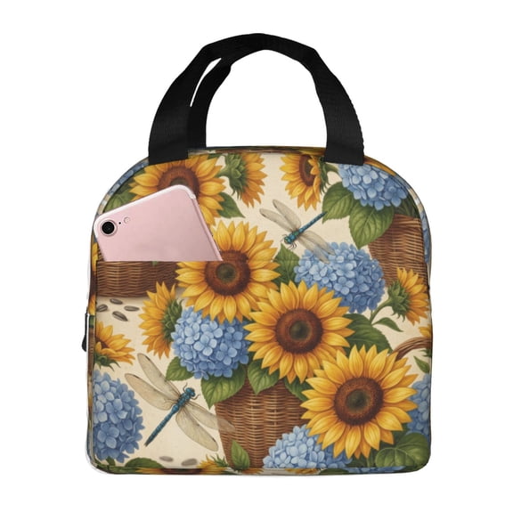 Flower Insulated Lunch Bag ,Reusable Lunch Box,Bento Lunch Box Cooler Bag With Front Pocket For Women Men,Cute Lunch Tote Bag Lunchbox For Work/Office/Travel/Picnic