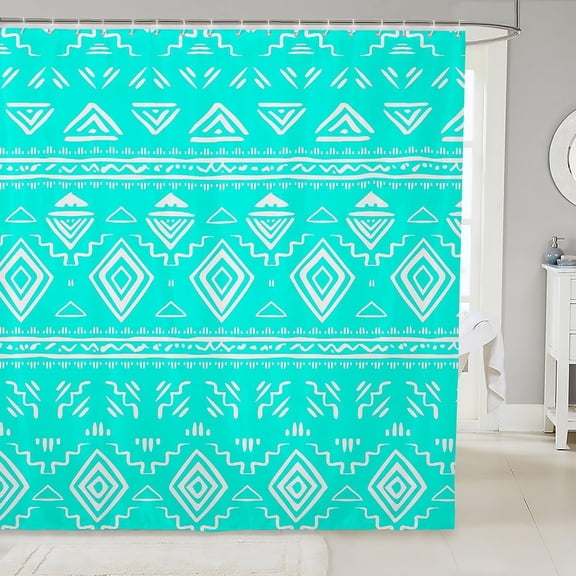Turquoise Boho Geometric Shower Curtain Waterproof Fabric Bath Curtain with 12 Hooks 71x71 inches