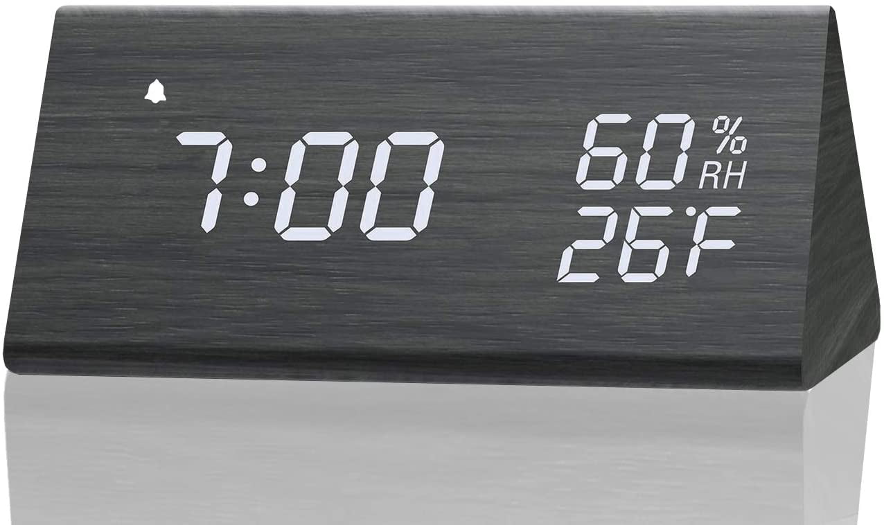 3 Alarm Settings, Digital Alarm Clock with Wooden Electronic LED Time Display 