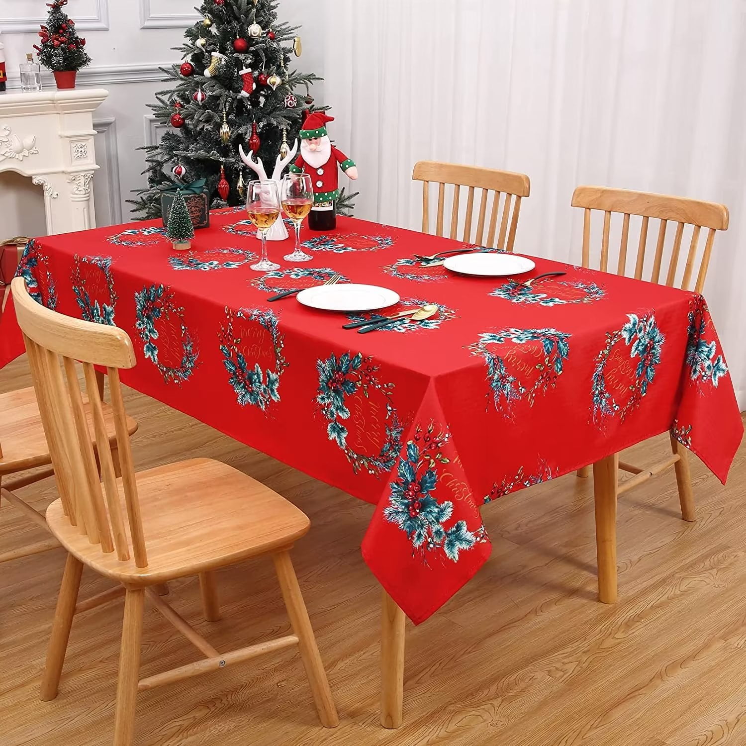 GlowSol Christmas Table Cover Wreath Pattern 60"x102" Waterproof Spillproof Rectangle Tablecloth
