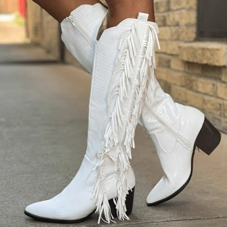 

Women s Fashion Winter Chunky Mid Heel Side Zipper Fringe Stone Texture Round Toe Mid Long Boots Yutnsbel