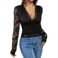 thumbnail image 2 of OKSALE Dolman Tops for Women Trendy Deep V Neck Shirts Mesh Lace Long Sleeve Shirt Elegant Sexy Blouse Soft Comfort Blouses Solid Color Party Top 2025, 2 of 9