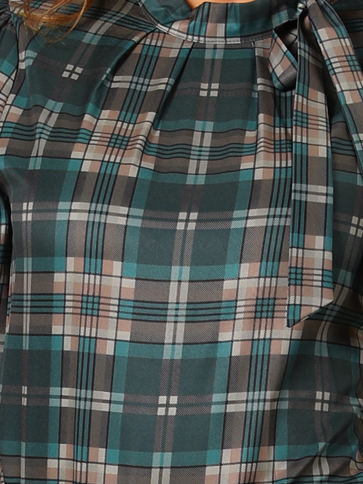 DARING DIVA Bow-Tie Neck Office Work Checks Shirt Top S Dark Green