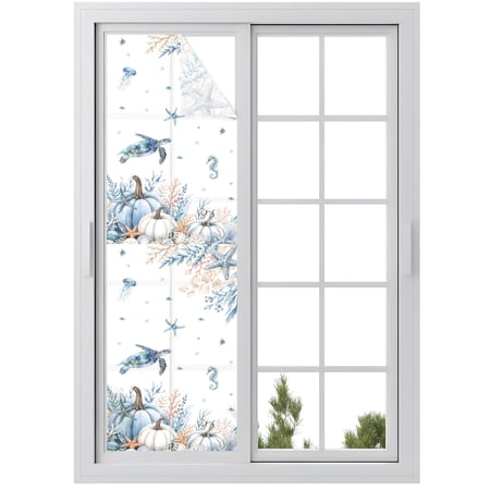 Window Privacy Film Coastal Thanksgiving Stained Glass Window Film Decorative Sun Block Window Cover Fall Blue Pumpkins Sea Turtle Coral Window Clings Static Adhesive Sticker for Bathroom 17.7 x78.7