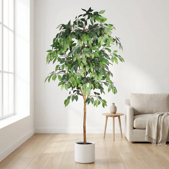 6FT Artificial Ficus Tree with Natural Trunk in Black Plastic Pot for Indoor Home Office Decor