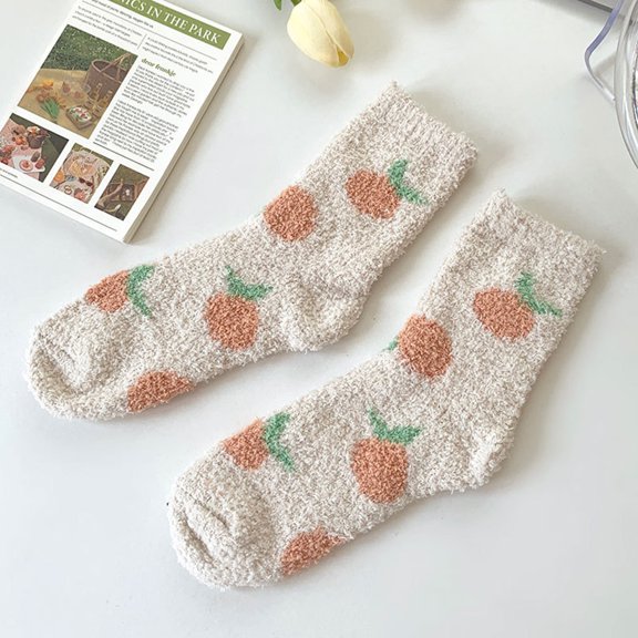 Harpily Fuzzy Socks for Women Fruit Floral Print Coral Fleece Socks Soft Warm Casual Mid Calf Stockings for Winter Wear