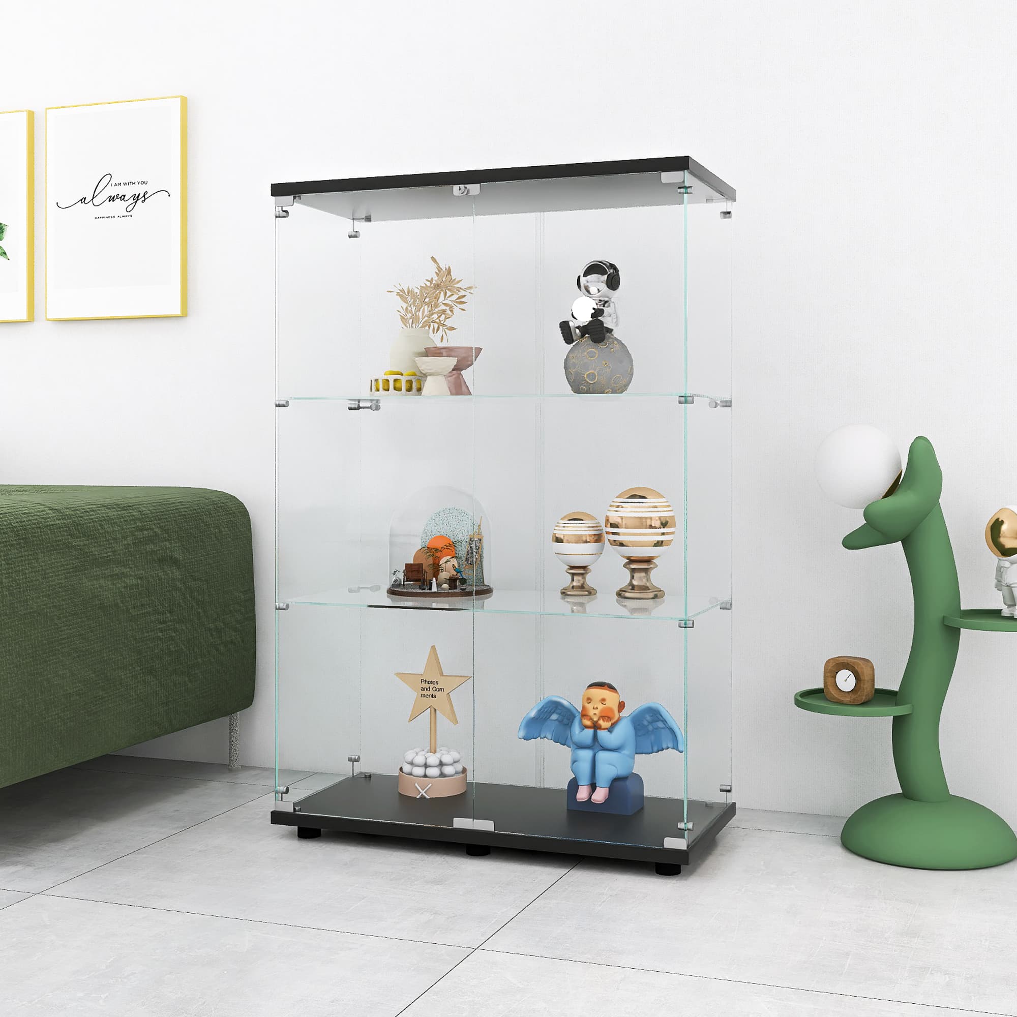 MAYEERTY Glass Display Cabinet 3 Shelves with Two-Door, Floor Standing Glass Bookshelf, 49.3"×31.7"×14.3",Black