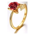 thumbnail image 5 of Anillo de flor rosa chapado en oro con forma de hoja de flor roja, anillo envolvente con extremo abierto para mujeres y niñas, dorado ER, 5 of 5