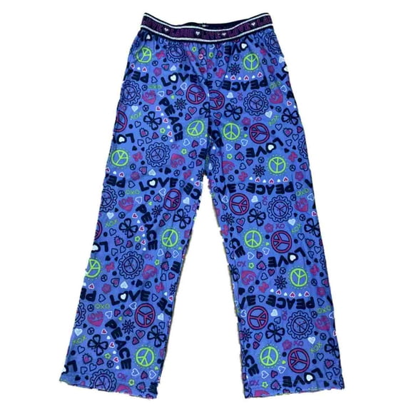 Girls Blue Peace & Love Soft Sleep Pants Pajama Bottom Butterflies & Hearts S