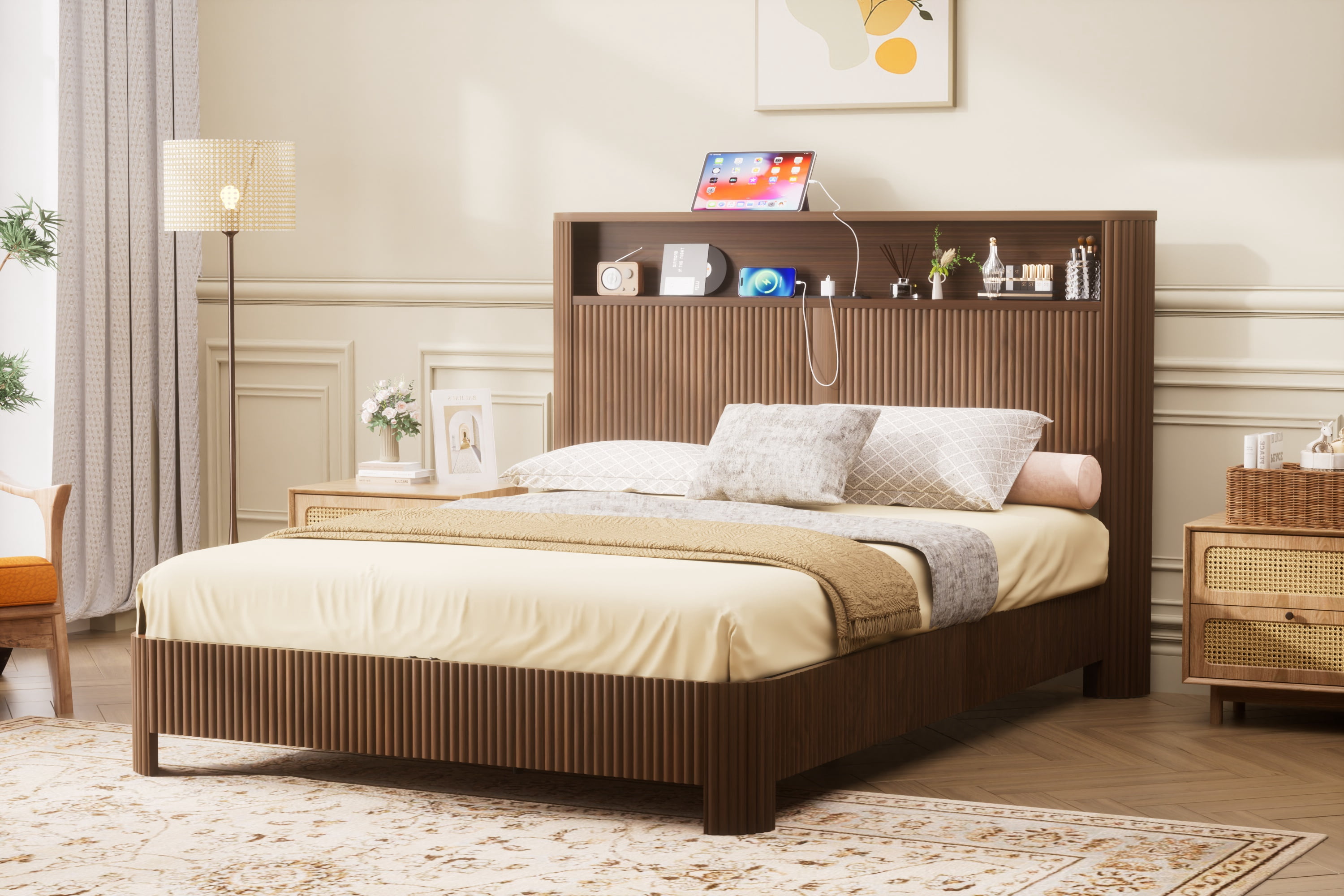 Queen Size Bed Frame,Modern Wave-Shaped Platform Bed with Storage Headboard,Built-in Charging Ports,Noise-Free Metal Support Structure,No Box Spring Needed