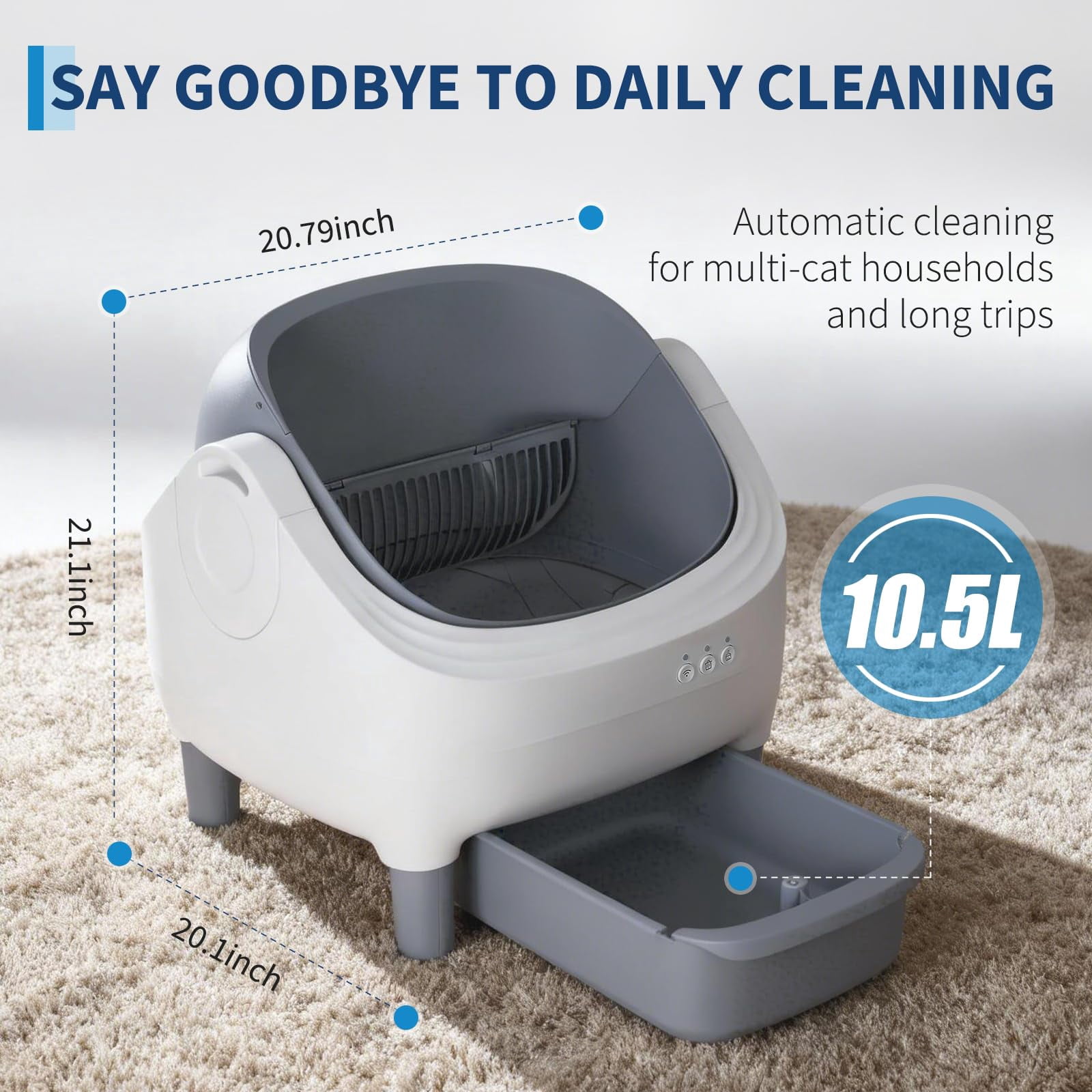 Automatic Self-Cleaning Cat Litter Box with App & 2.4G WiFi – Open-Top, Ultra-Quiet, 10.5L Odor-Free Waste Bin, 7-Layer Safety Sensors, Includes Trash Bags, for Multiple & Large Cats