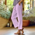 thumbnail image 2 of Womens Summer Pants with Pockets Plaid Comfy Elastic Linen Blend Pants Ankle Length Straight Leg Trousers (M, Purple), 2 of 6