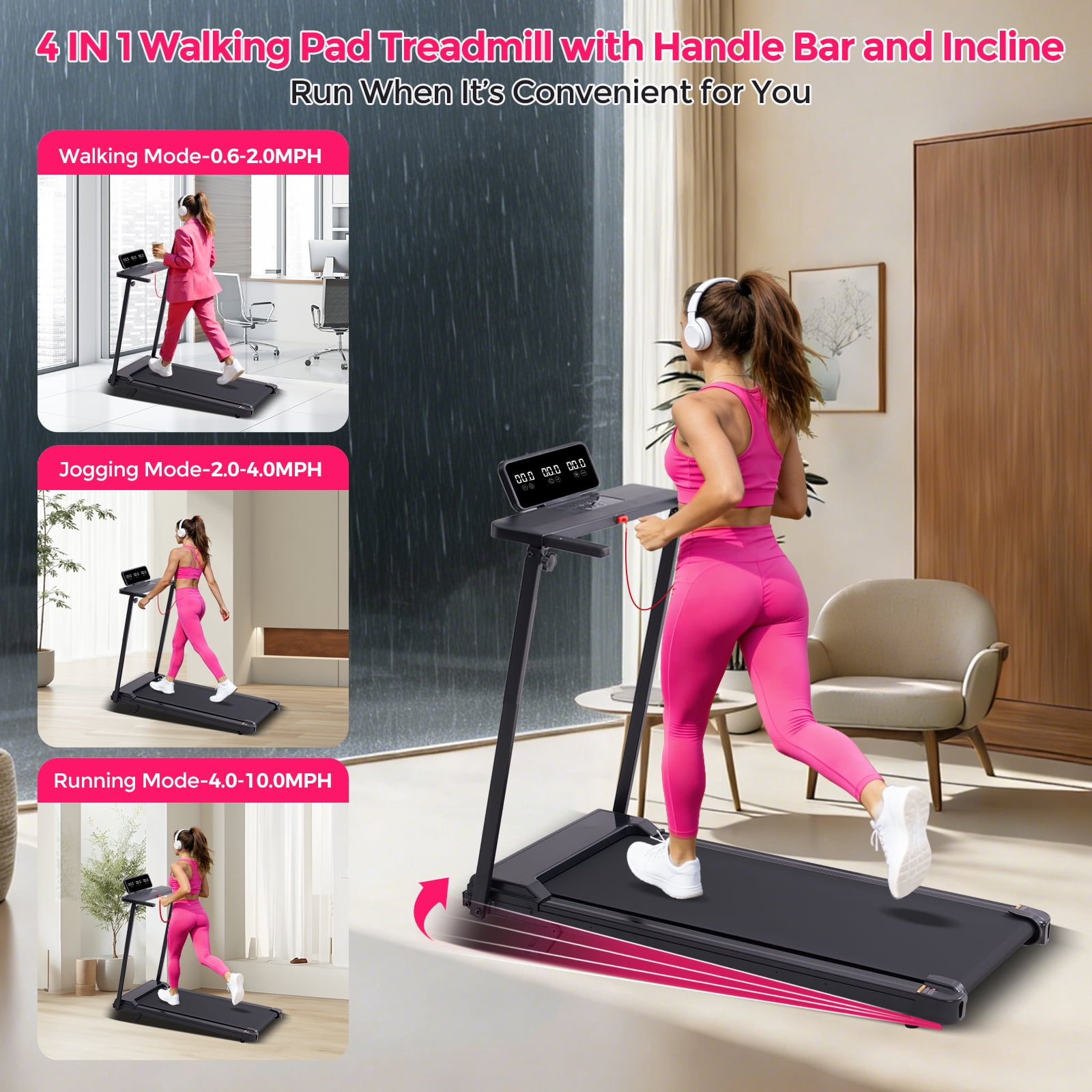 HevGlrm Portable Treadmills for Home Workouts Fitness,3.5HP Walking Pad Treadmill with Handles,Compact Running Treadmill with LED Display,400lbs