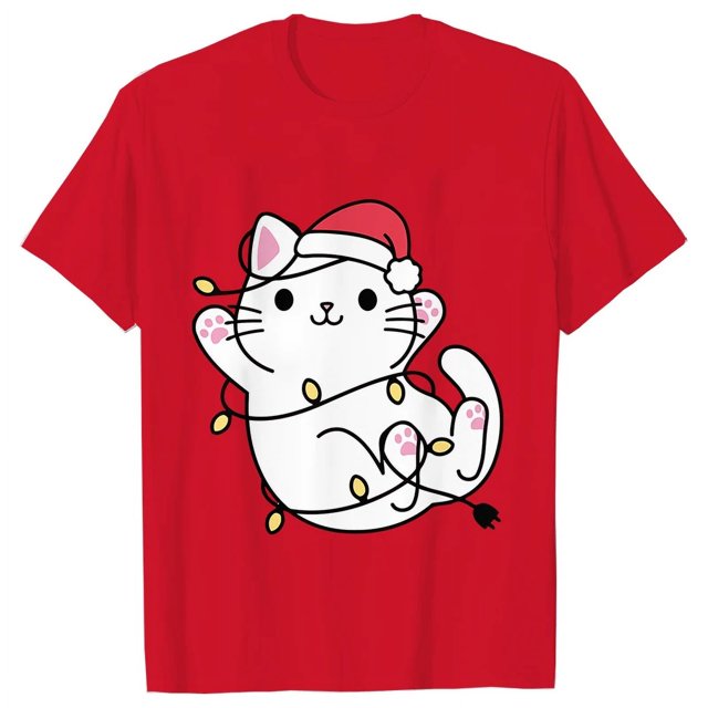 Camiseta con luces navideñas para mujer, camisetas con estampado gráfico de gato bonito, camisetas de manga corta, ropa de calle divertida, camiseta de marca, ropa femenina