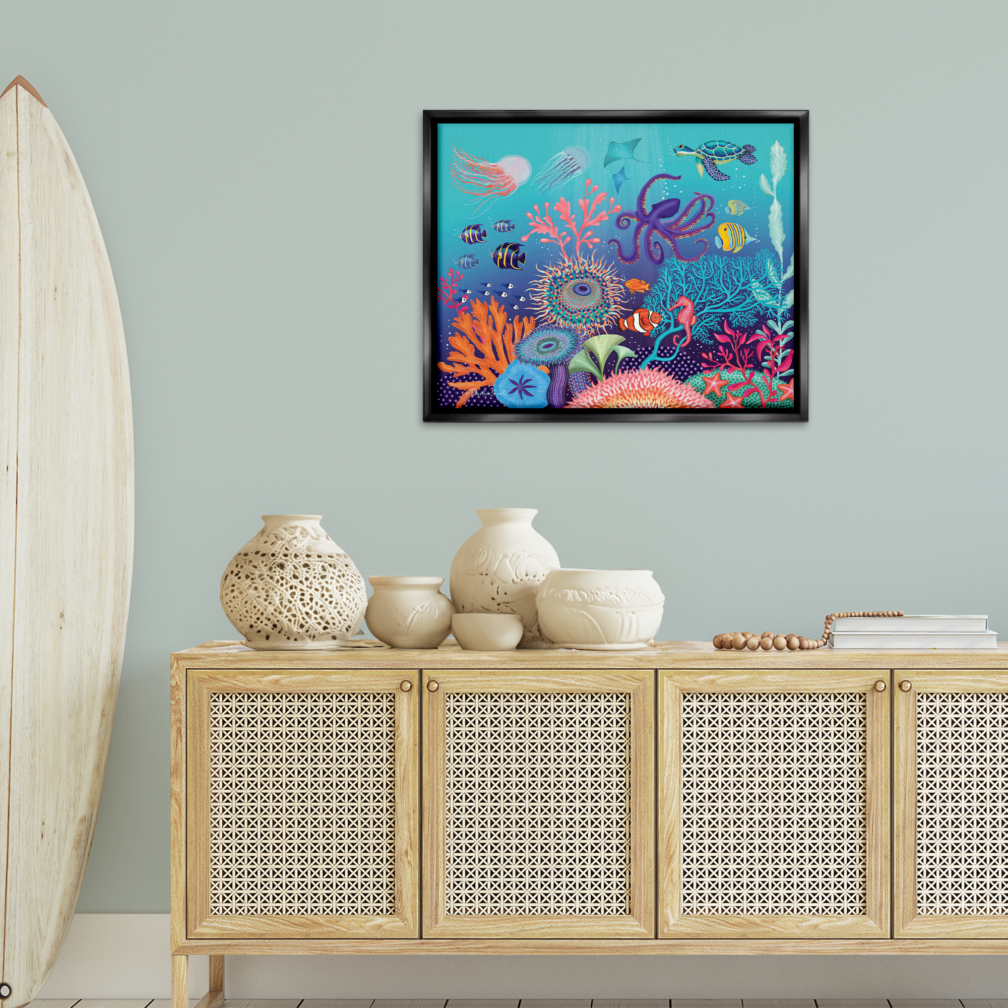 Stupell Industries Magical Underwater Reef Nautical & Beach Painting Black Floater Framed Canvas Art Print Wall Art, 25 x 31