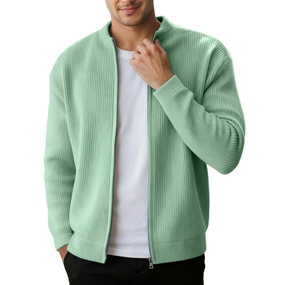FINALGANG Men's Coat Solid Color Ribbed Knit Bomber Jacket Long Sleeve Full Zipper Front Coat With Stand Collar For Daily Casual Office Layering Wear Fashionable Outerwear