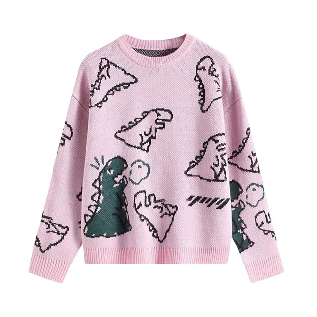 ITFABS Tricots d'Automne pour Adultes, Imprimé Dinosaure Dessin Animé Col Rond Manches Longues