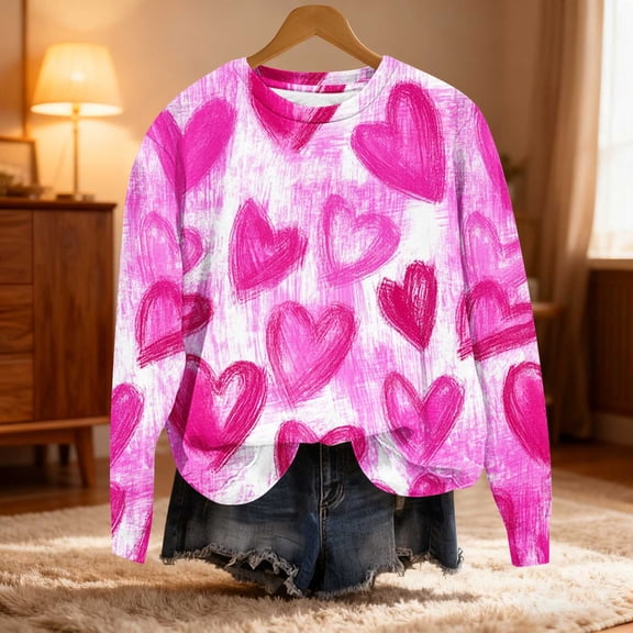 YOTAMI Long Sleeve Blouse for Women Valentine's Day Print Pullover Crew Neck Loose Fit Casual Top - Valentine's Day Gift for Her