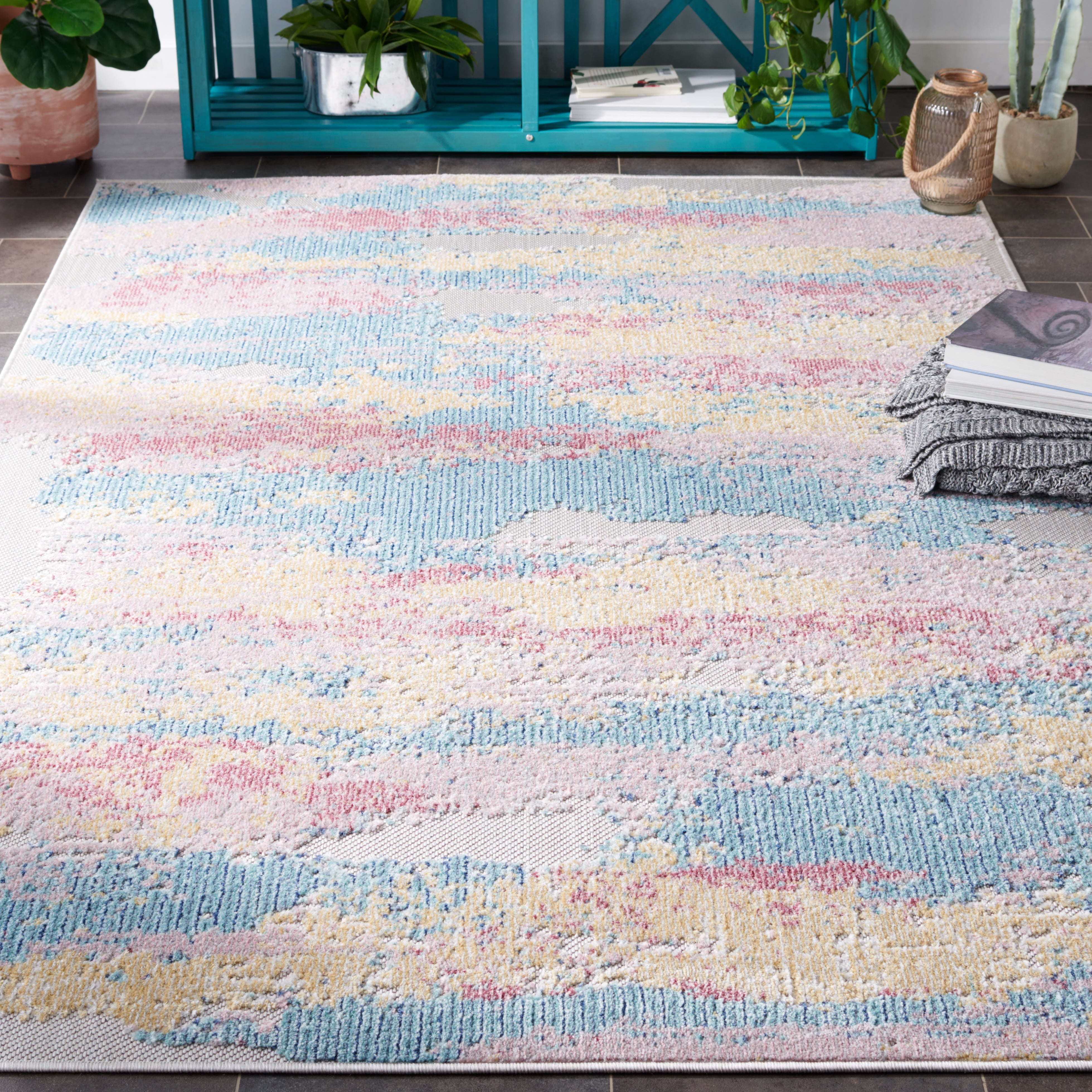 SAFAVIEH Cabana Corie Abstract Indoor/Outdoor Area Rug, Aqua/Pink, 9' x 12'