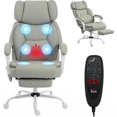 33 Massage Office Chair with Lumbar Heat, Ergonomic Executive Desk Chair with Adjustable Headrest, 6 Points Vibration, High Back, Reclining, Padded Armrests, Footrest, PU Leather, Light Gray