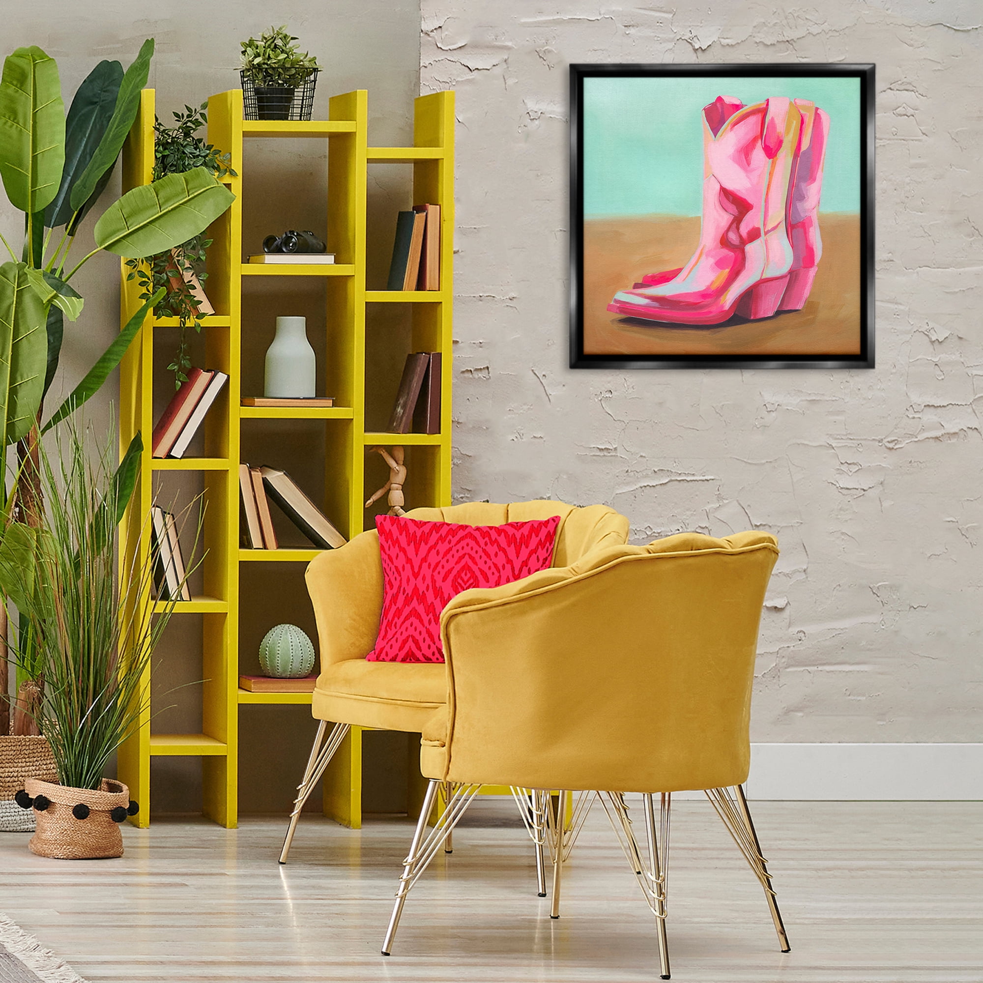 Stupell Industries Pink Heeled Cowgirl Boots Entertainment Painting Black Floater Framed Canvas Art Print Wall Art, 25 x 25