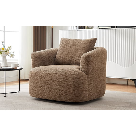 360° Swivel Chair, 38.2" Accent Chair Sofa, Upholstered Swivel Barrel Sofa Chair with a Throw Pillow for Living Room, Bedroom, Office and Hotel, Dark Brown