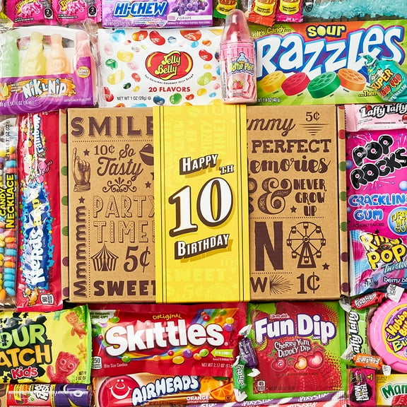 VINTAGE CANDY CO. 10TH BIRTHDAY RETRO CANDY GIFT BASKET - 2013 Party Assortment Candy Variety - Fun Care Package Gift Basket - Tenth Birthday - PERFECT For Girls and Boys Turning 10 Years Old