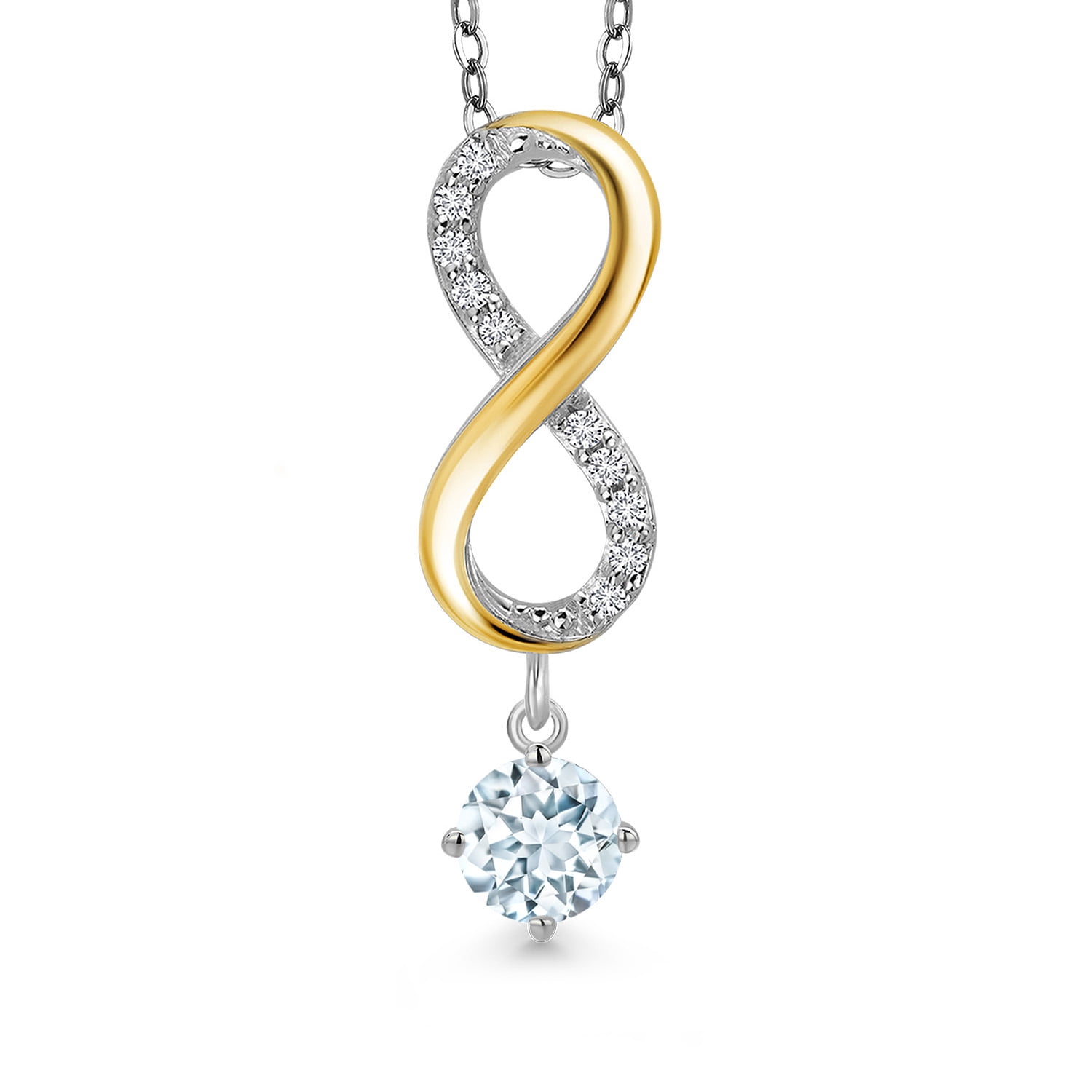 Gem Stone King 925 Silver and 10K Yellow Gold Sky Blue Aquamarine and Lab Grown Diamond Pendant Necklace for Women | 0.58 Cttw | Gemstone March Birthstone | Round 5MM | With 18 inch Silver Chain