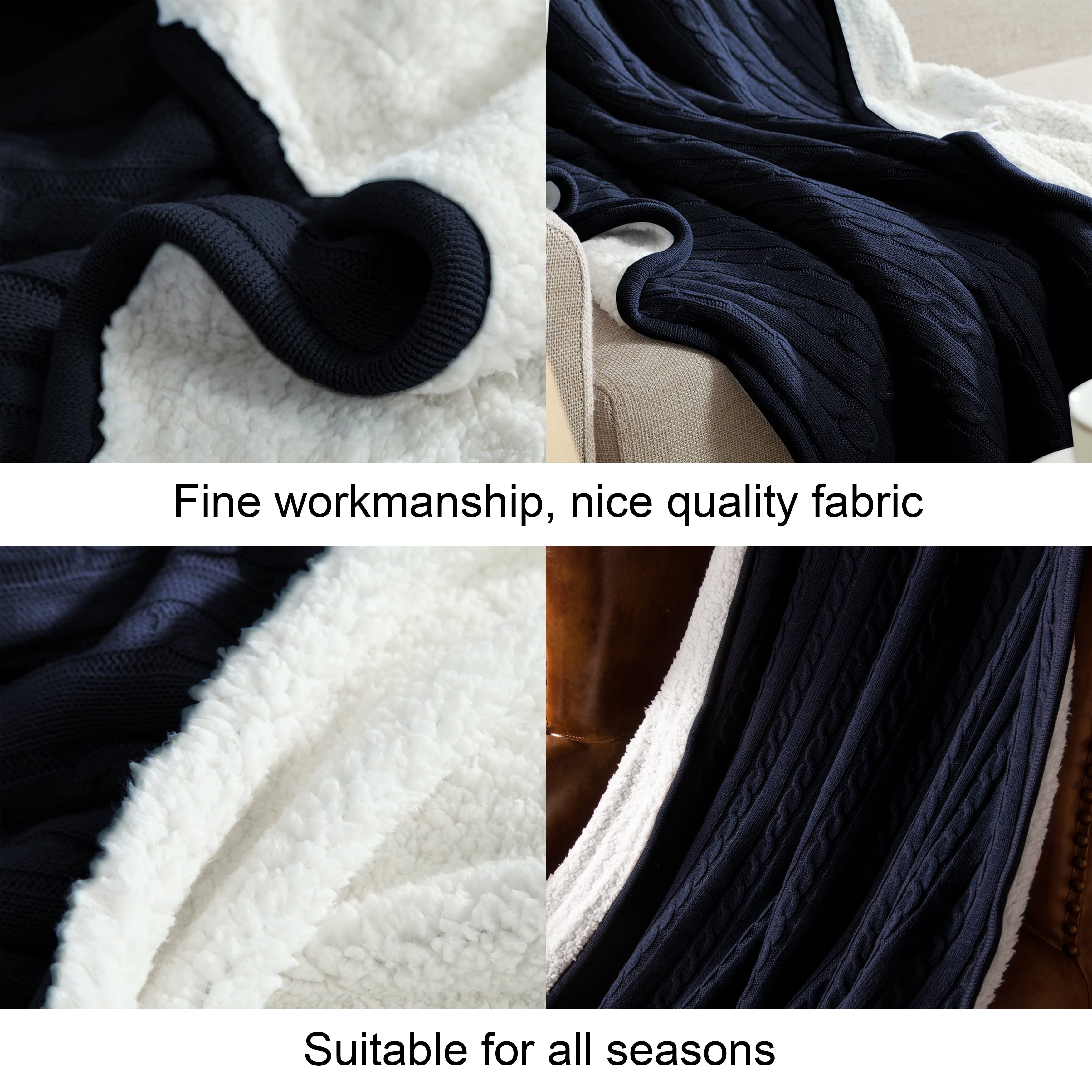 Ntbay Cotton Cable Knit Sherpa Twin Blanket for Couch, Soft Warm Fleece Knitted Throw for Bed, Sofa, Chair - Extra Cozy, Machine Washable, Comfortable Home Decor, 60"x80", Navy Blue