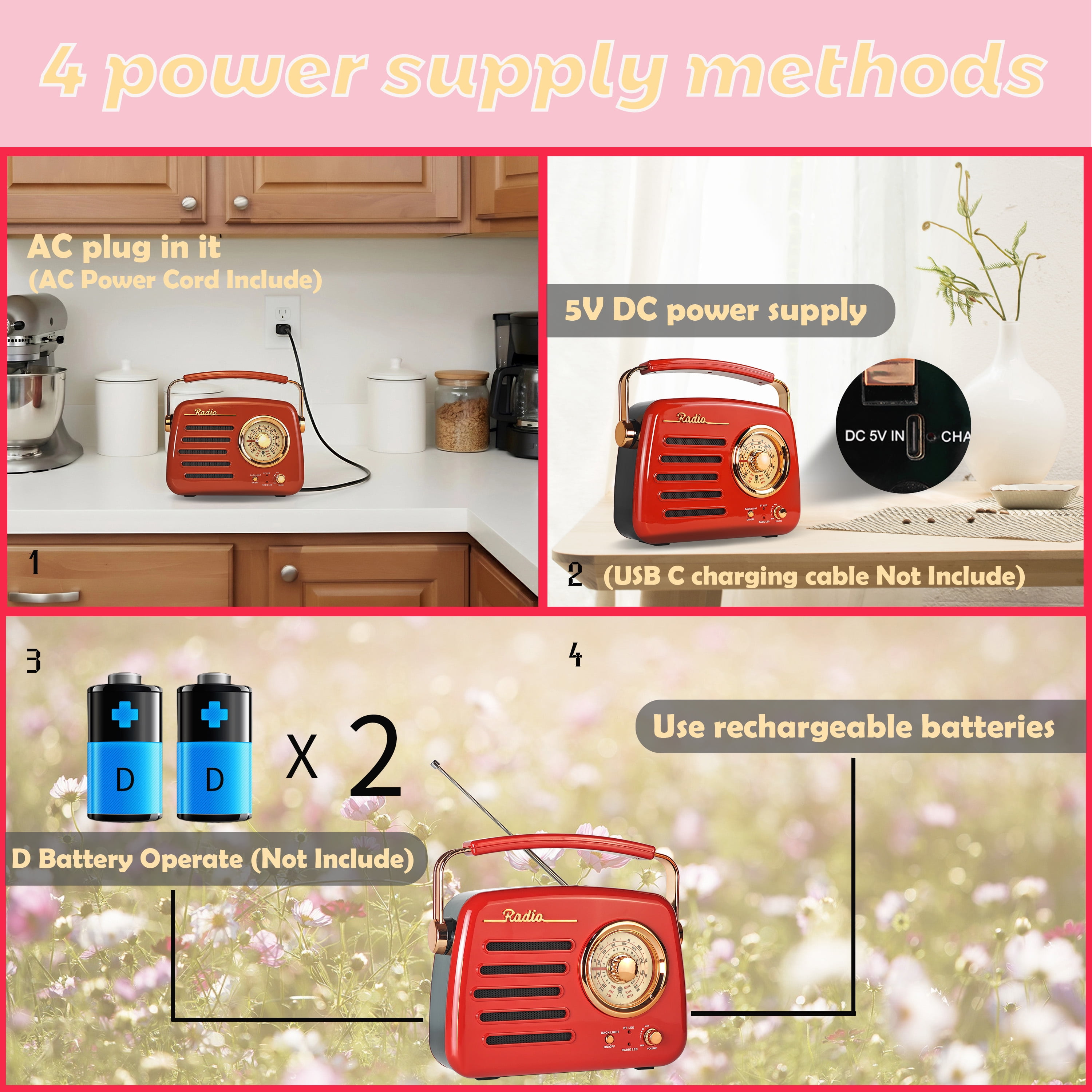 Retro Backlit AM FM Shortwave Radio, Great Receiver Bluetooth Speaker Battery or Plug in Wall, Support USB Drive/TF Card, Good Sound for Family or Friend for Home/Outdoor(Red)