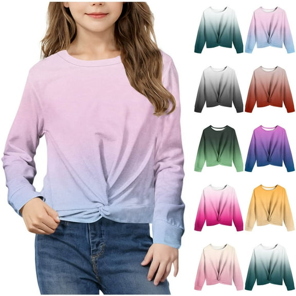 HAOTAGS Girls Gradient Color Tops 2025 Fashion Round Neck Long Sleeve Shirts Blue Size 9 Years
