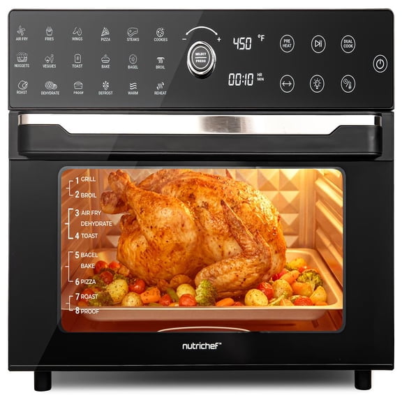 NutriChef 32 Quart Digital Air Fryer & Convection Oven, 20 Presets, Dual Cook, Rotisserie & Multi-Function Countertop Oven, 18"x17"x14", Black