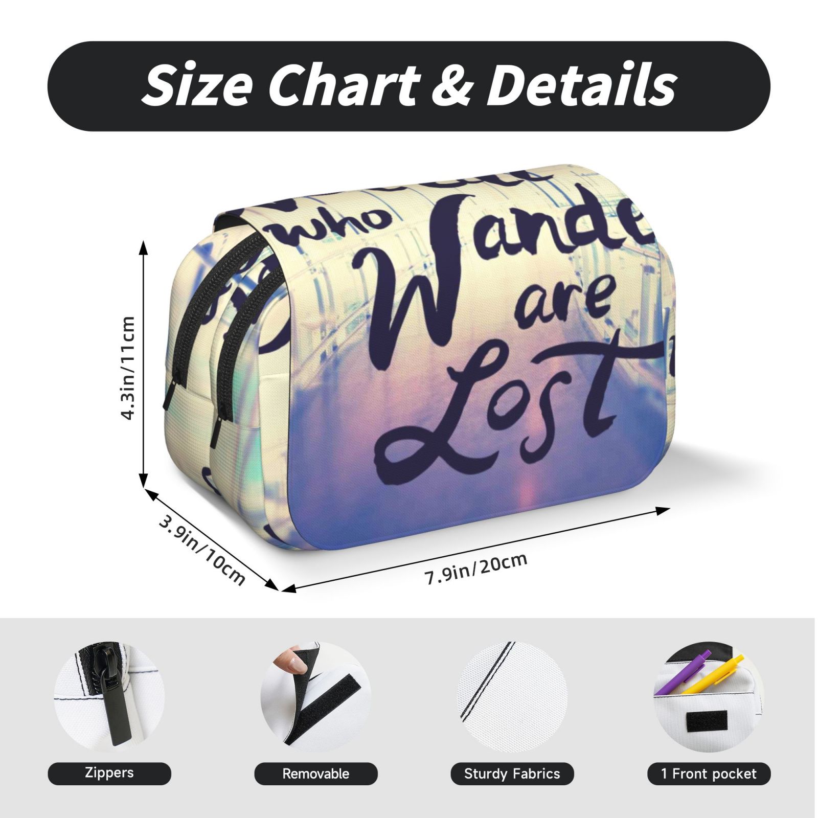 Rateoe Not All Those Who Wander Are Lost Pattern Double Clamshell Pen Case, Storage Organizer with Two Zipper Compartments– Holds Up to 50 Pencils & Pens