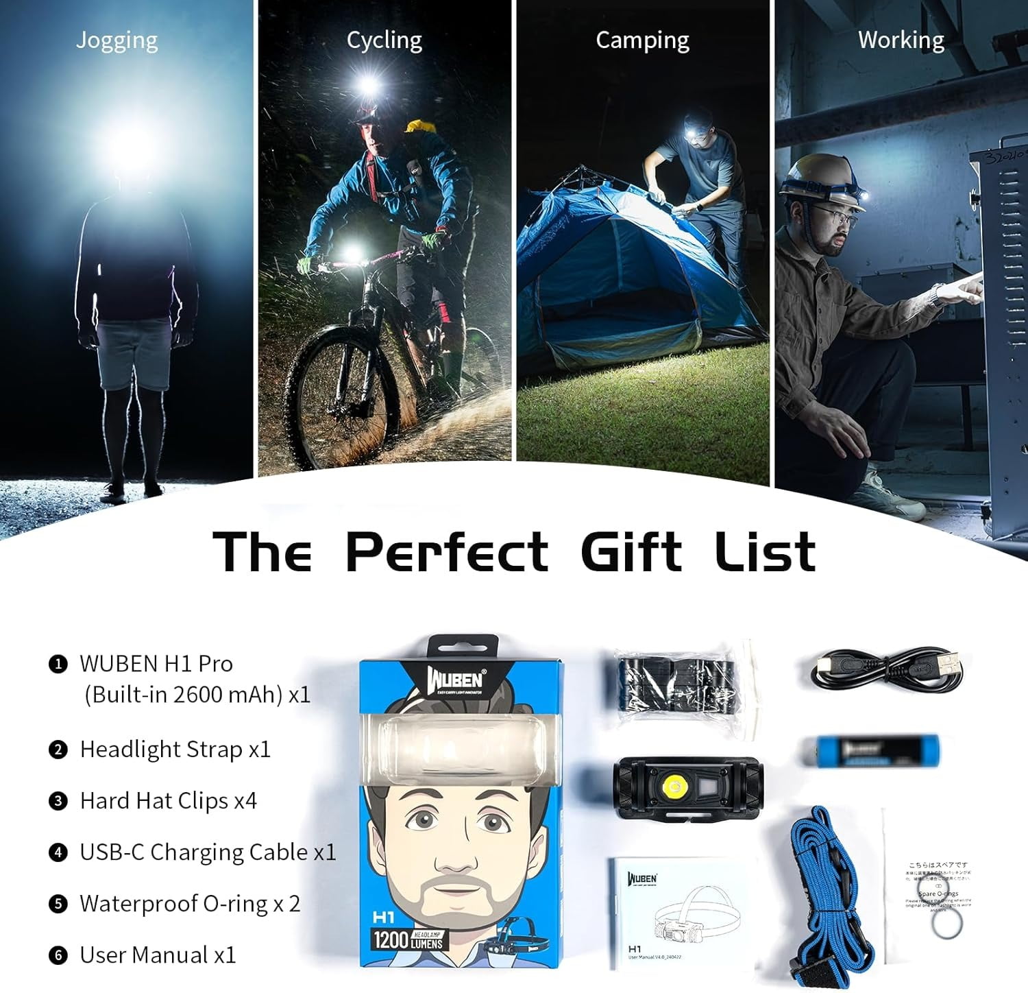 WUBEN H1 Pro Rechargeable Headlamp: 1200LM Ultra Bright LED, 11 Modes, 180° Adjustable IP66 Red Light for Outdoor Activities
