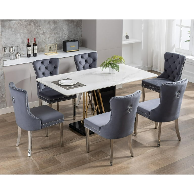 KCC Set of 6 Velvet Upholstered Dining Chairs, Stainless