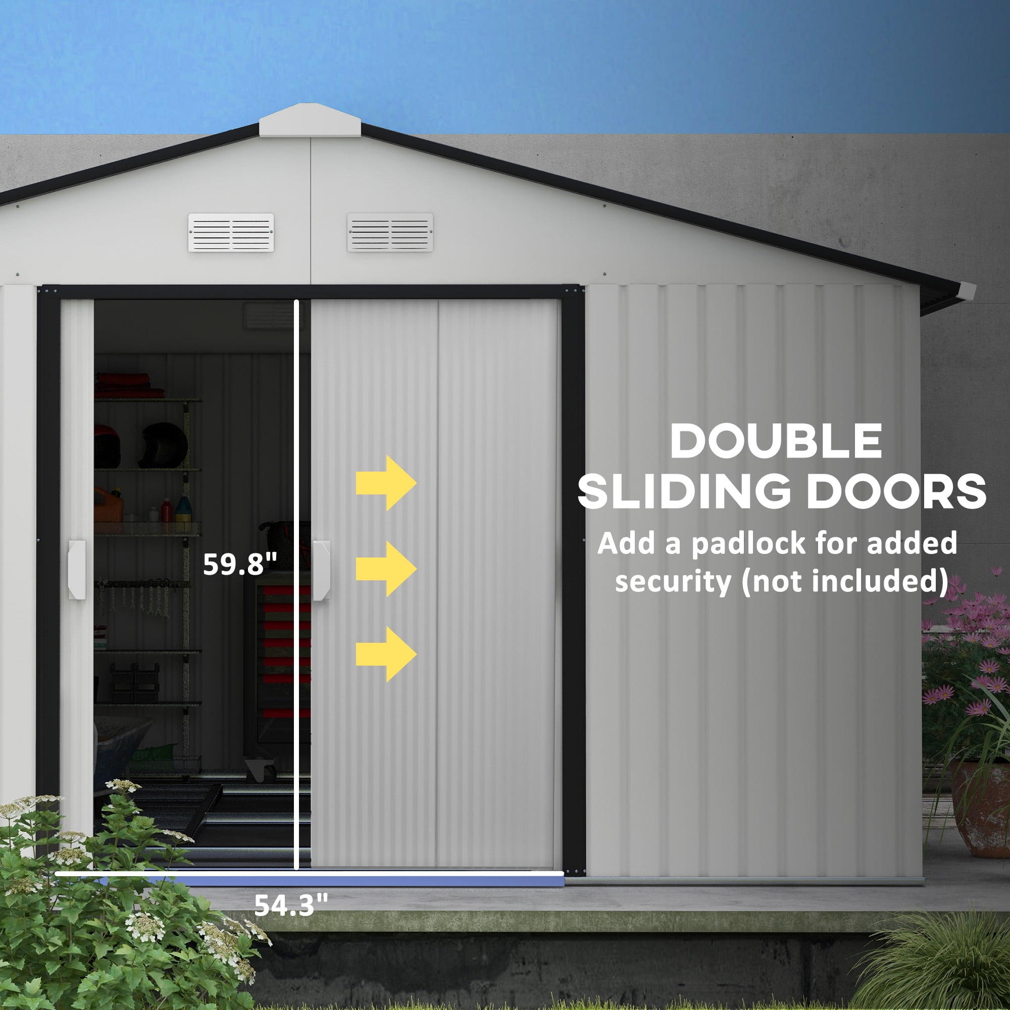 Outsunny 11' x 13' Metal Storage Shed Organizer, Garden Tool House with 4 Vents and 2 Sliding Doors for Backyard, Patio, Garage, Lawn, White