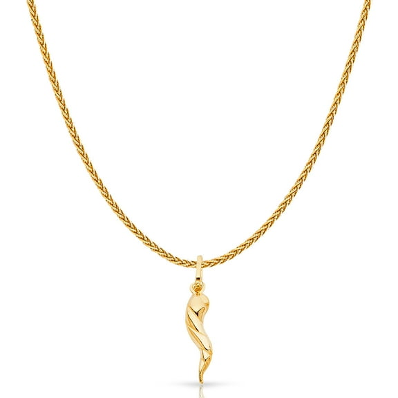 Ioka-14K Yellow Solid Gold Twisted Cornicello Italian Fortune Horn Charm Pendant with 1.1mm Wheat Chain Necklace - 24"