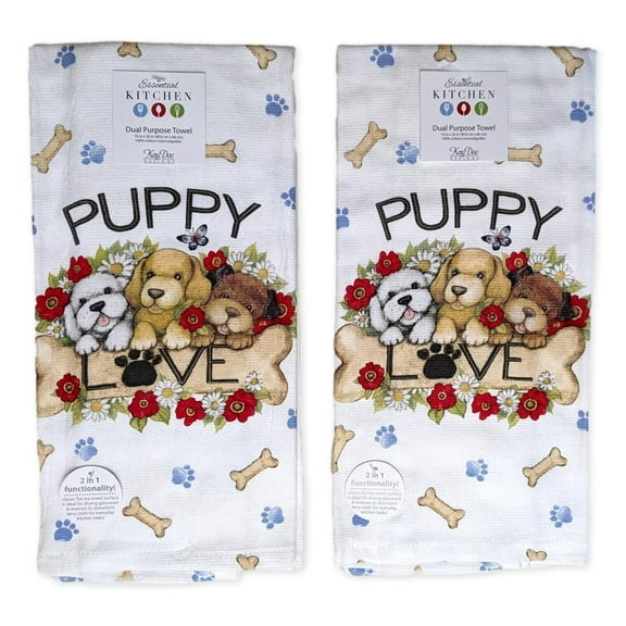 Set of 2 PLAYFUL PUPPIES Puppy Love Terry Kitchen Towels by Kay Dee Designs