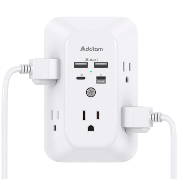 Extensor de salida con protector contra sobretensiones Addtam de 5 salidas con 4 USB PD20W